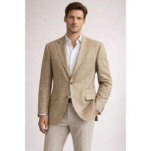 Faconnable Linen Blazer Tan Windowpane Sport Coat Made in Italy 42R